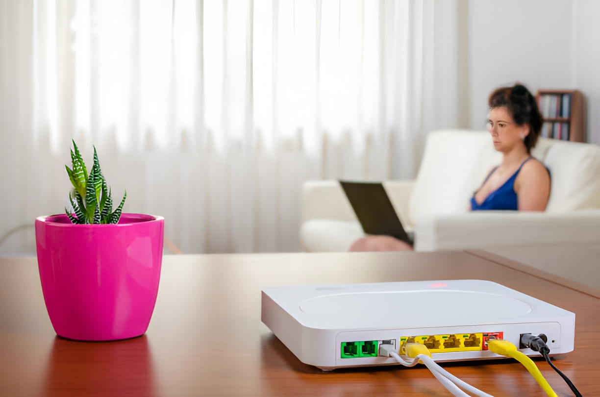 white wifi router box, with a woman working on a laptop in the background