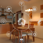 smart home tech icons with a living room in the background