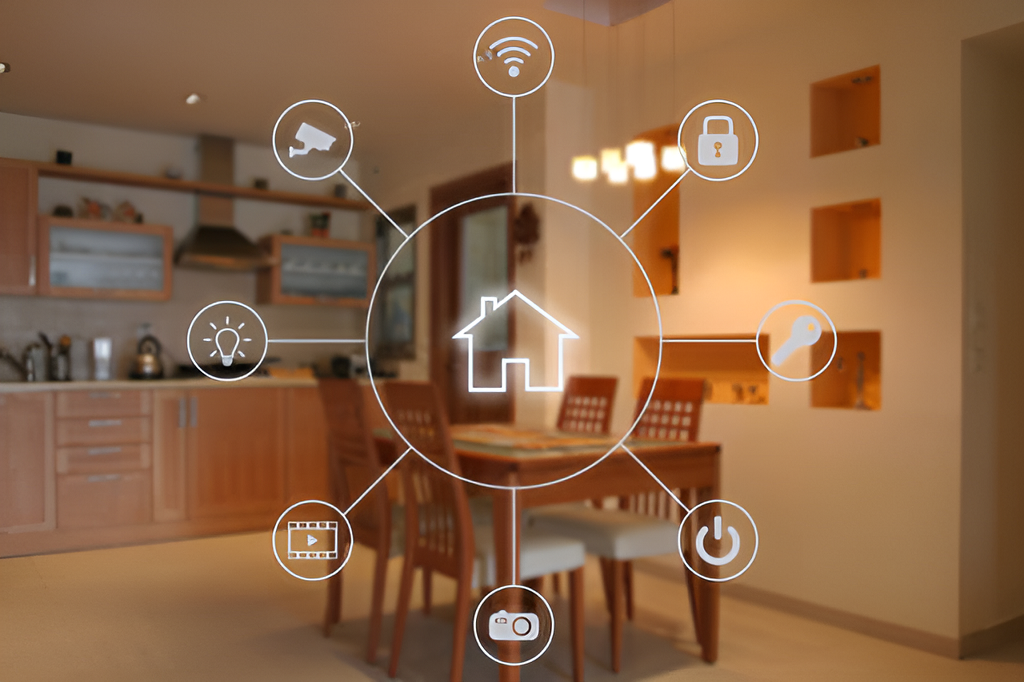 smart home tech icons with a living room in the background